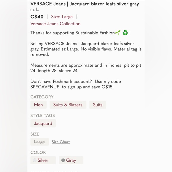 VERSACE Jeans | Jacquard blazer leafs silver gray sz L - Picture 8 of 8